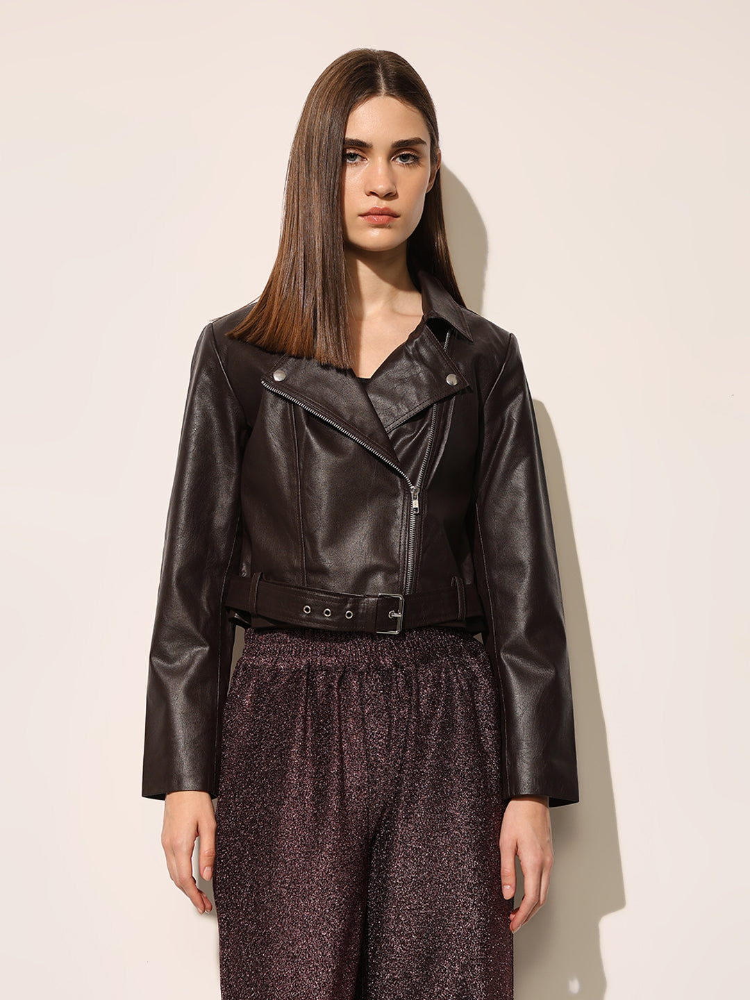 Dark Brown Faux Leather Biker Jacket