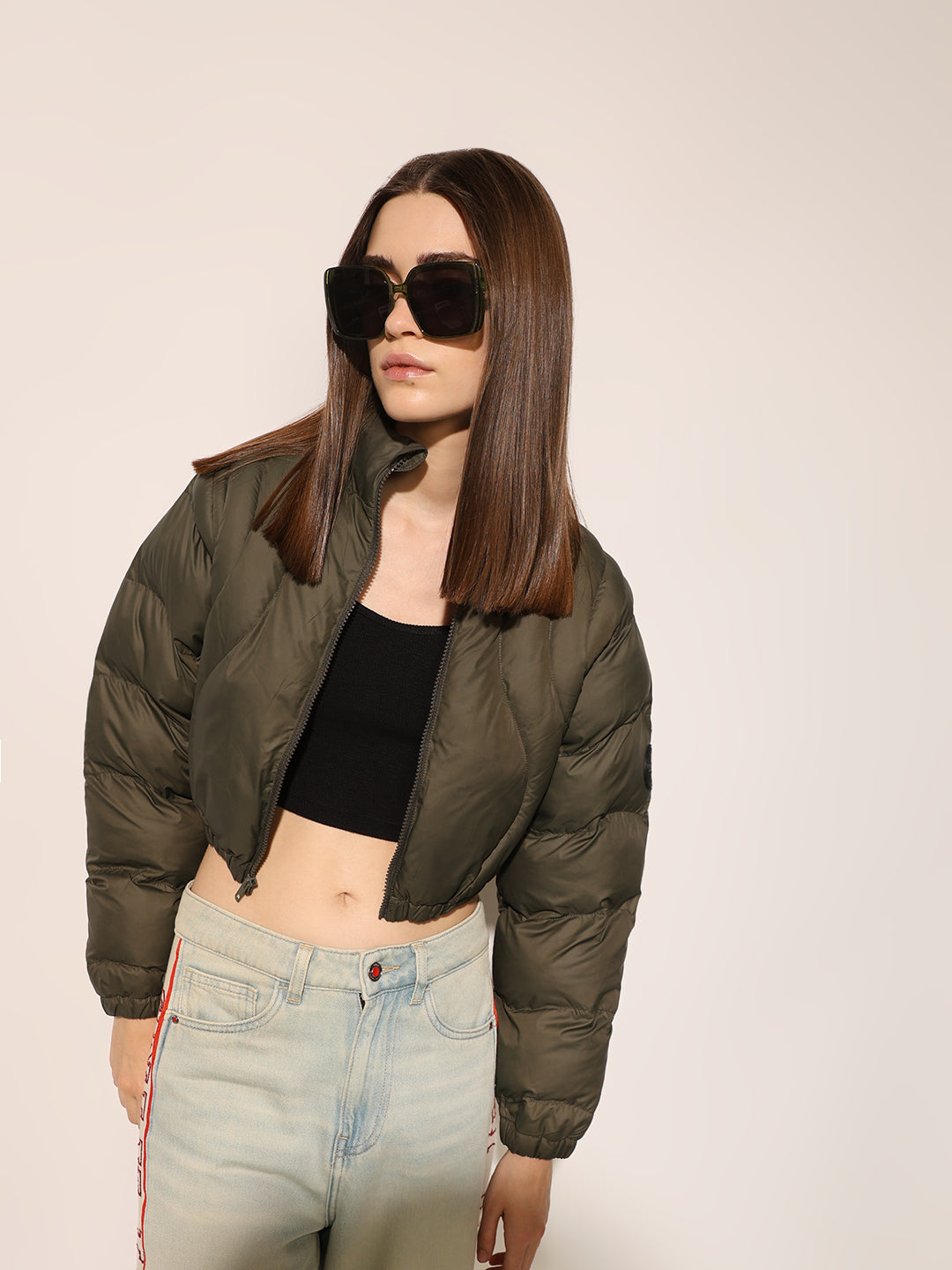Green Quilted Cropped Puffer Jacket