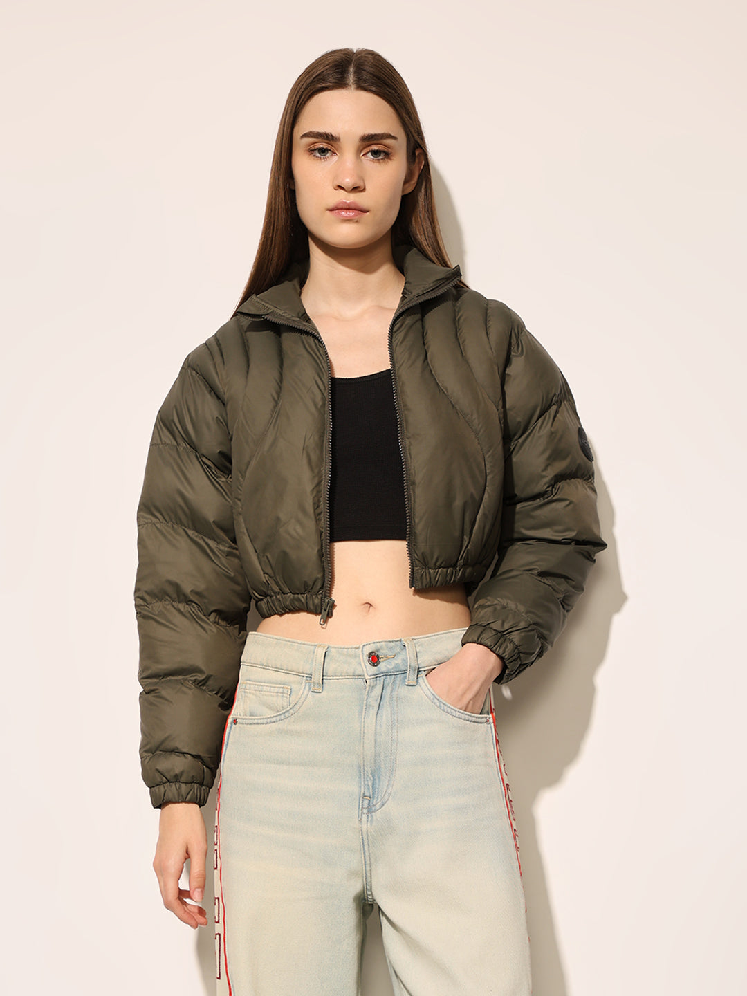 Green Quilted Cropped Puffer Jacket
