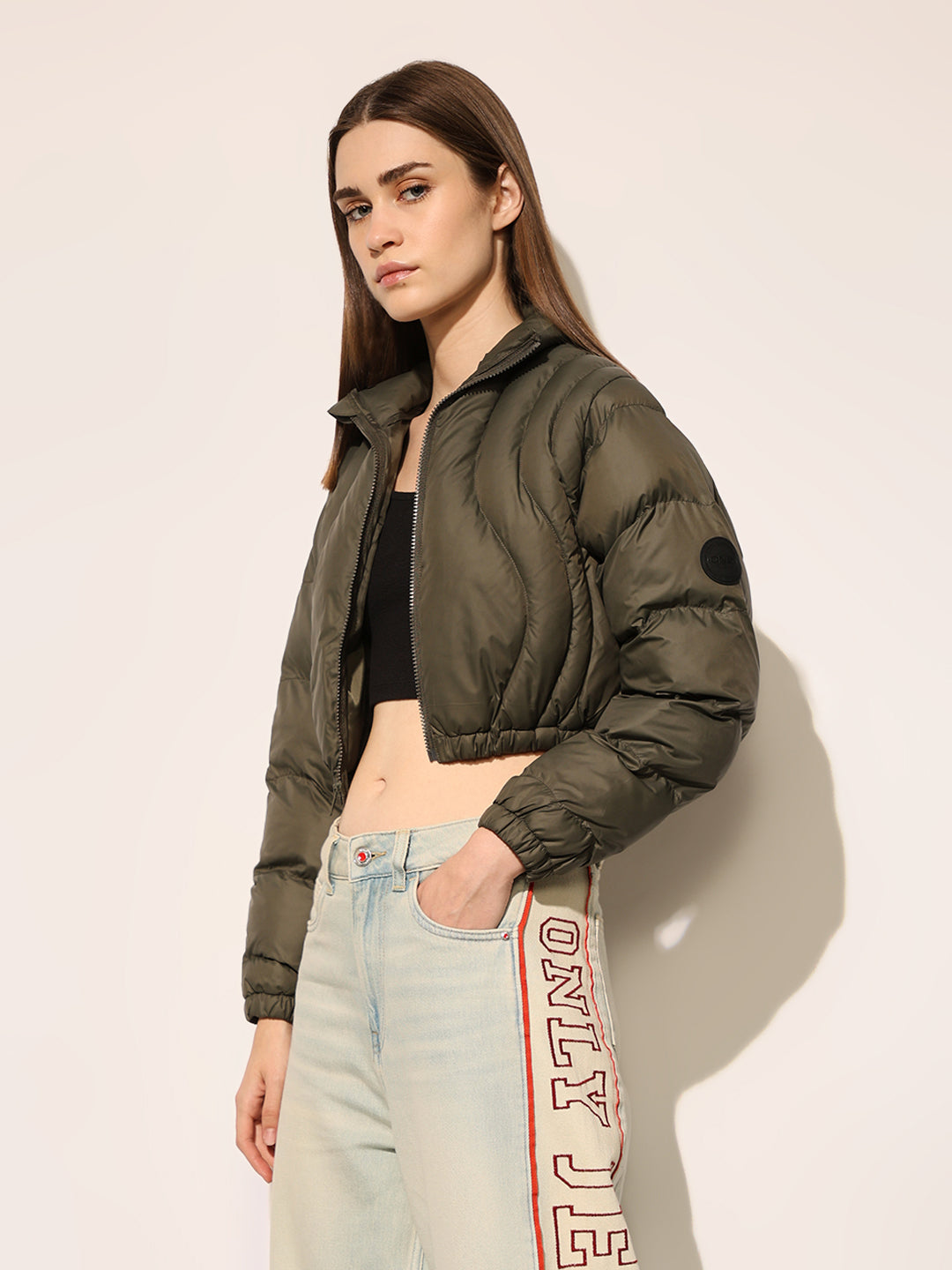 Green Quilted Cropped Puffer Jacket
