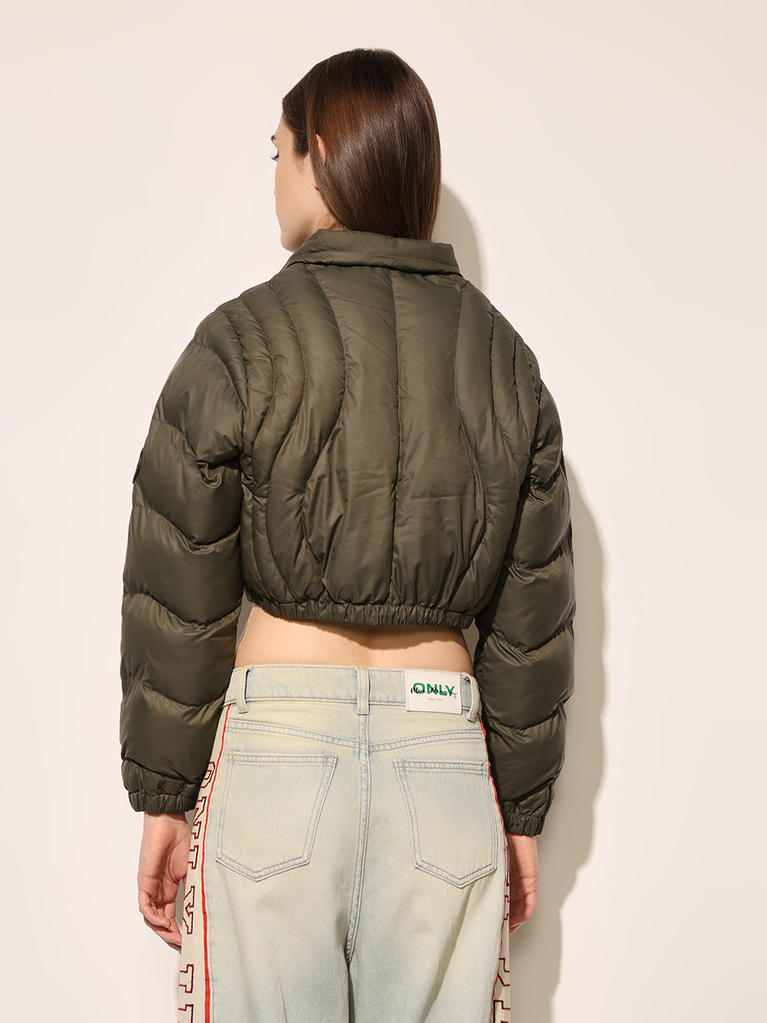 Green Quilted Cropped Puffer Jacket