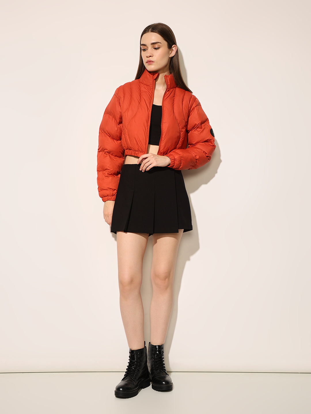 Orange Quilted Cropped Puffer Jacket