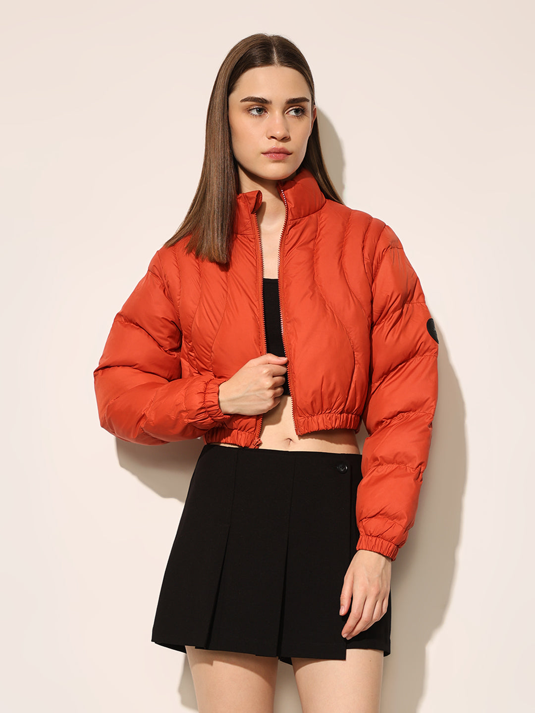 Orange Quilted Cropped Puffer Jacket
