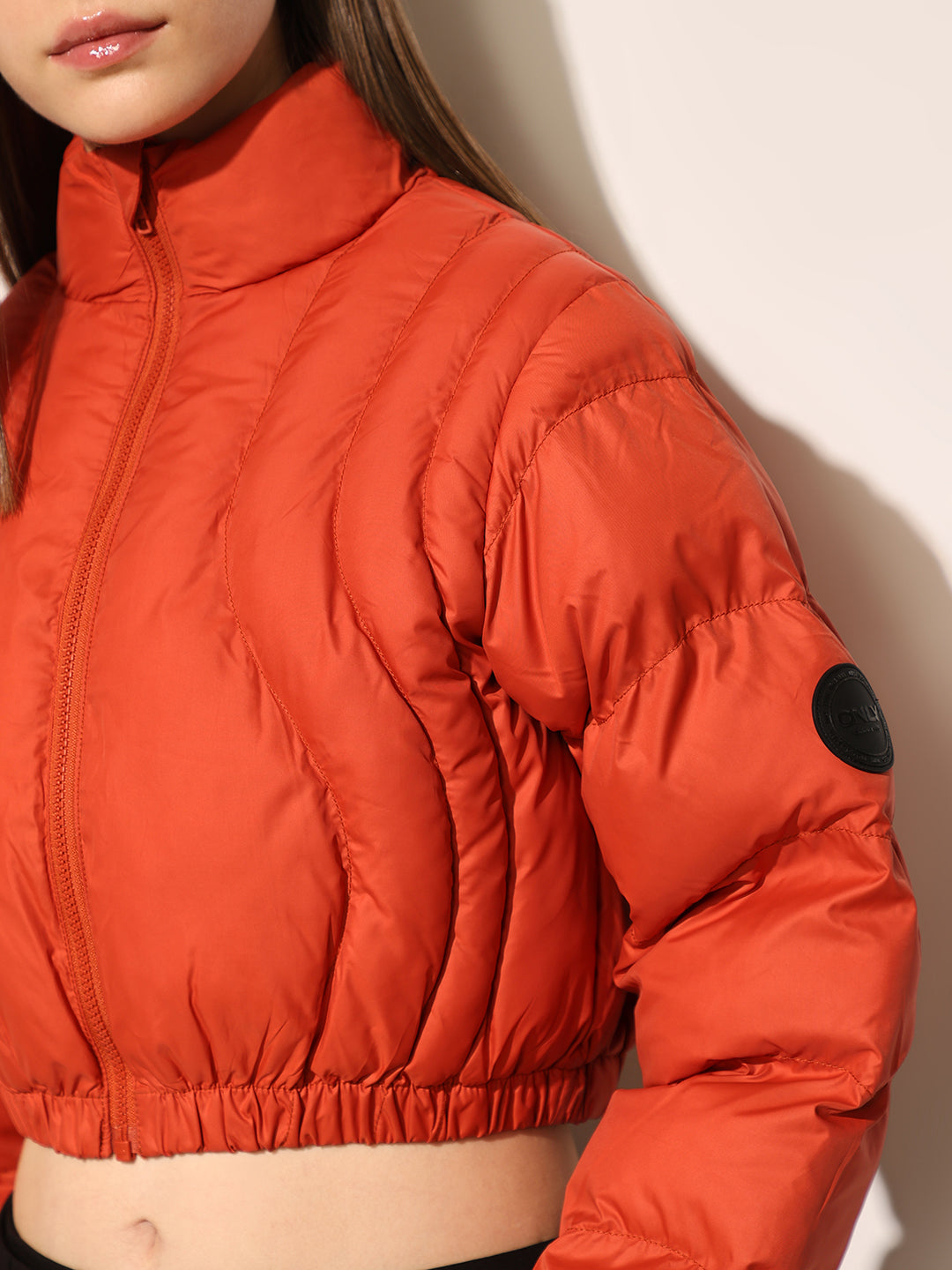 Orange Quilted Cropped Puffer Jacket