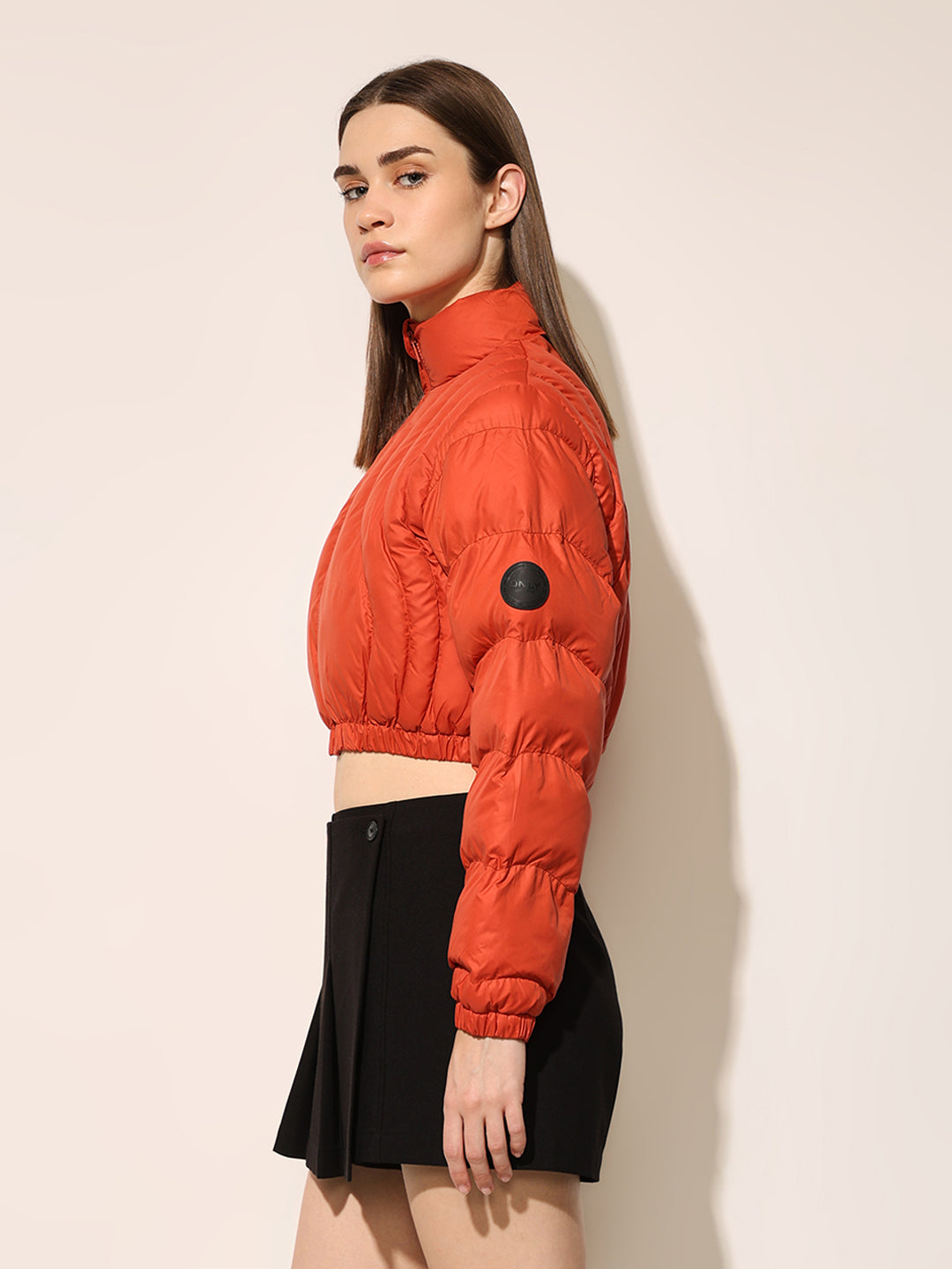 Orange Quilted Cropped Puffer Jacket