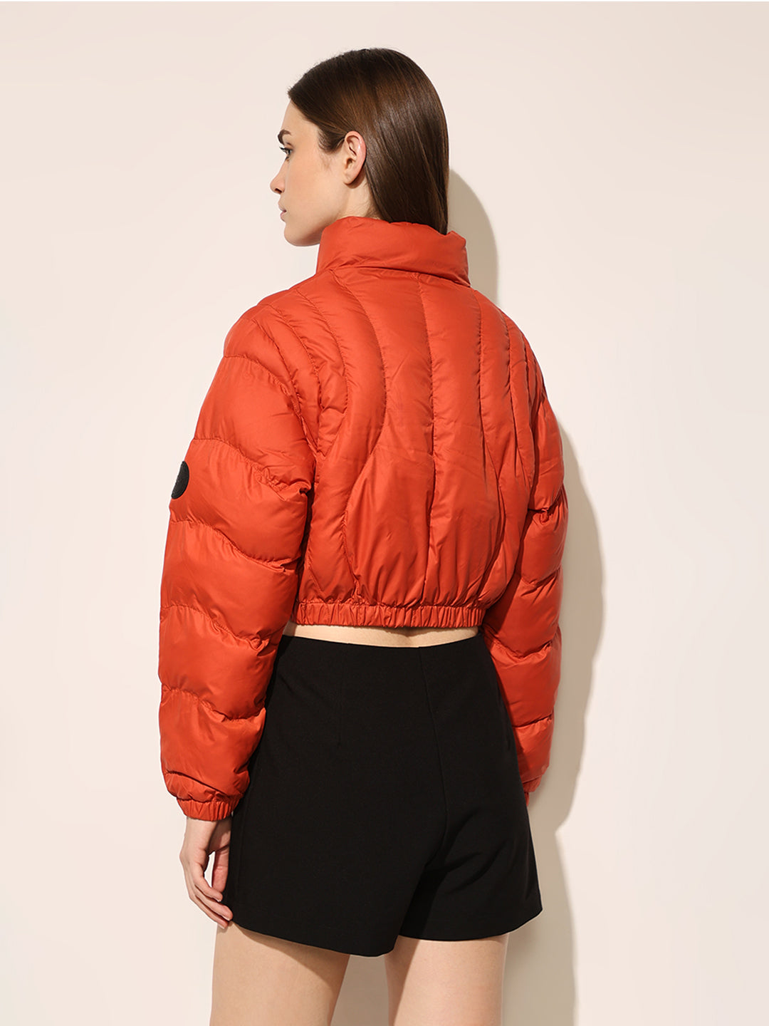 Orange Quilted Cropped Puffer Jacket