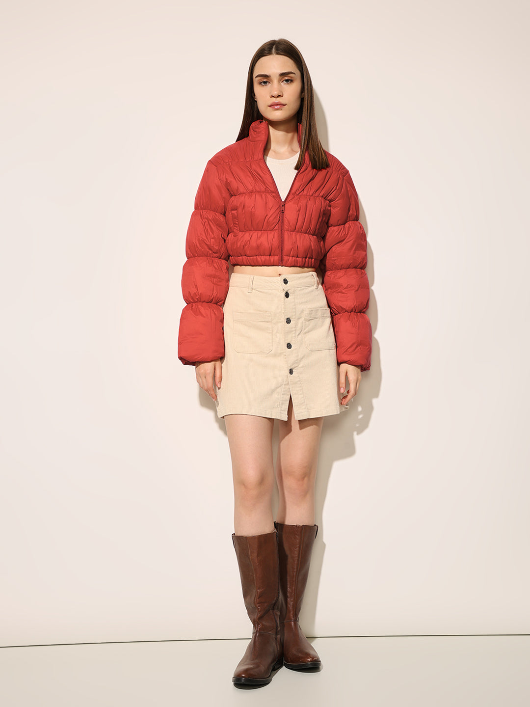 Orange Quilted Cropped Puffer Jacket