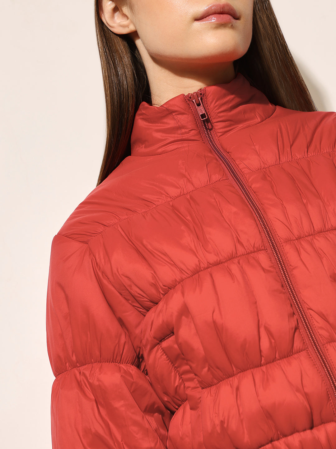 Orange Quilted Cropped Puffer Jacket