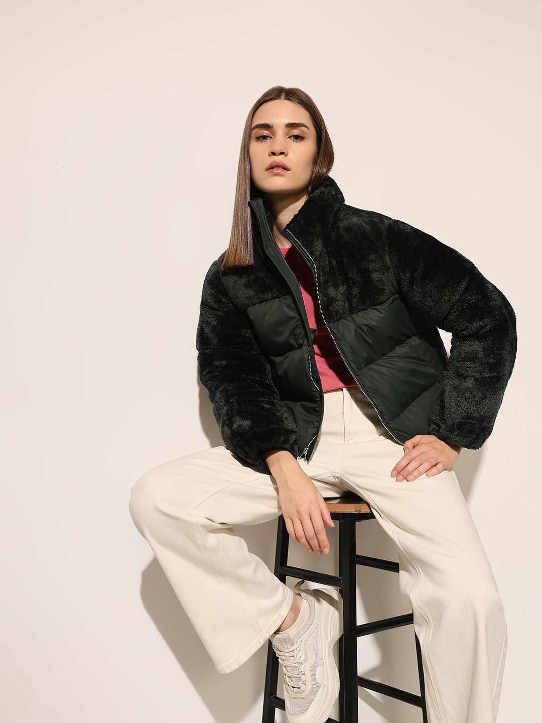 Dark Green Puffer Teddy Jacket