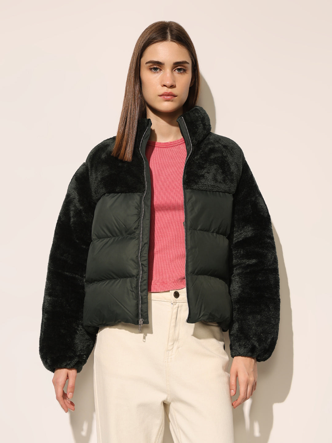 Dark Green Puffer Teddy Jacket