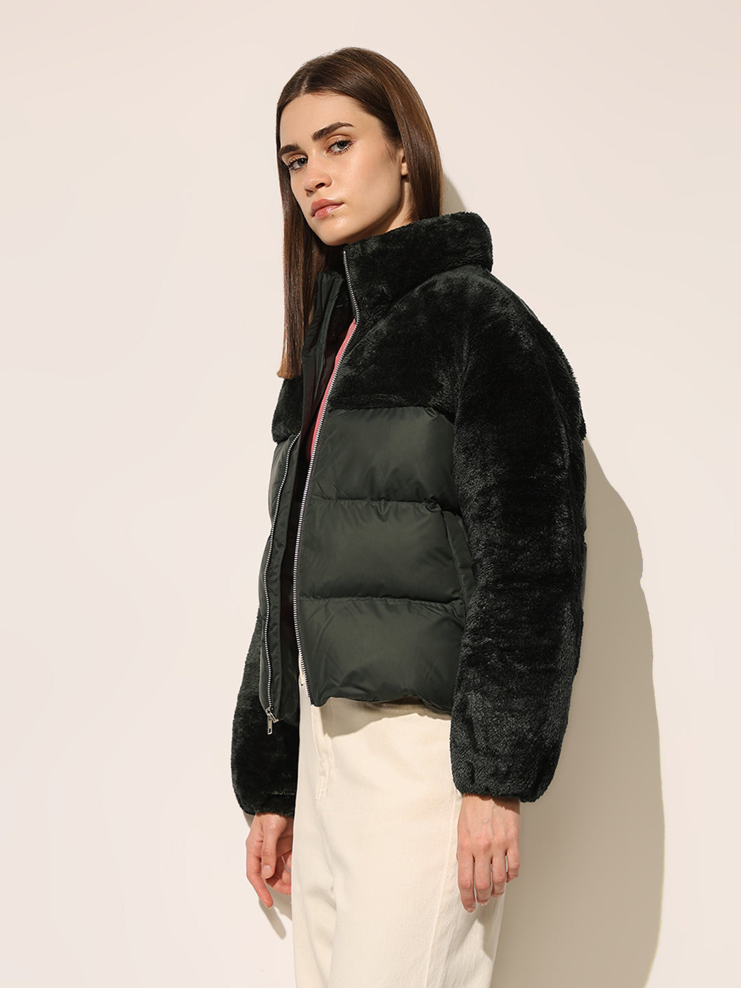 Dark Green Puffer Teddy Jacket