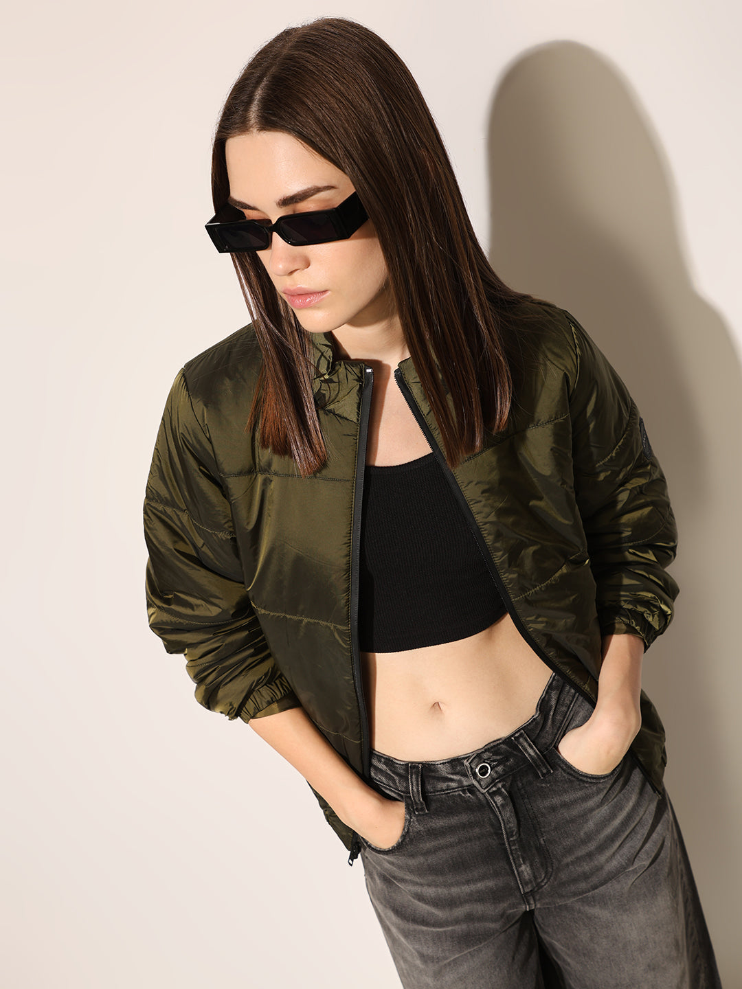 ONLY Dark Green High Neck Puffer Jacket
