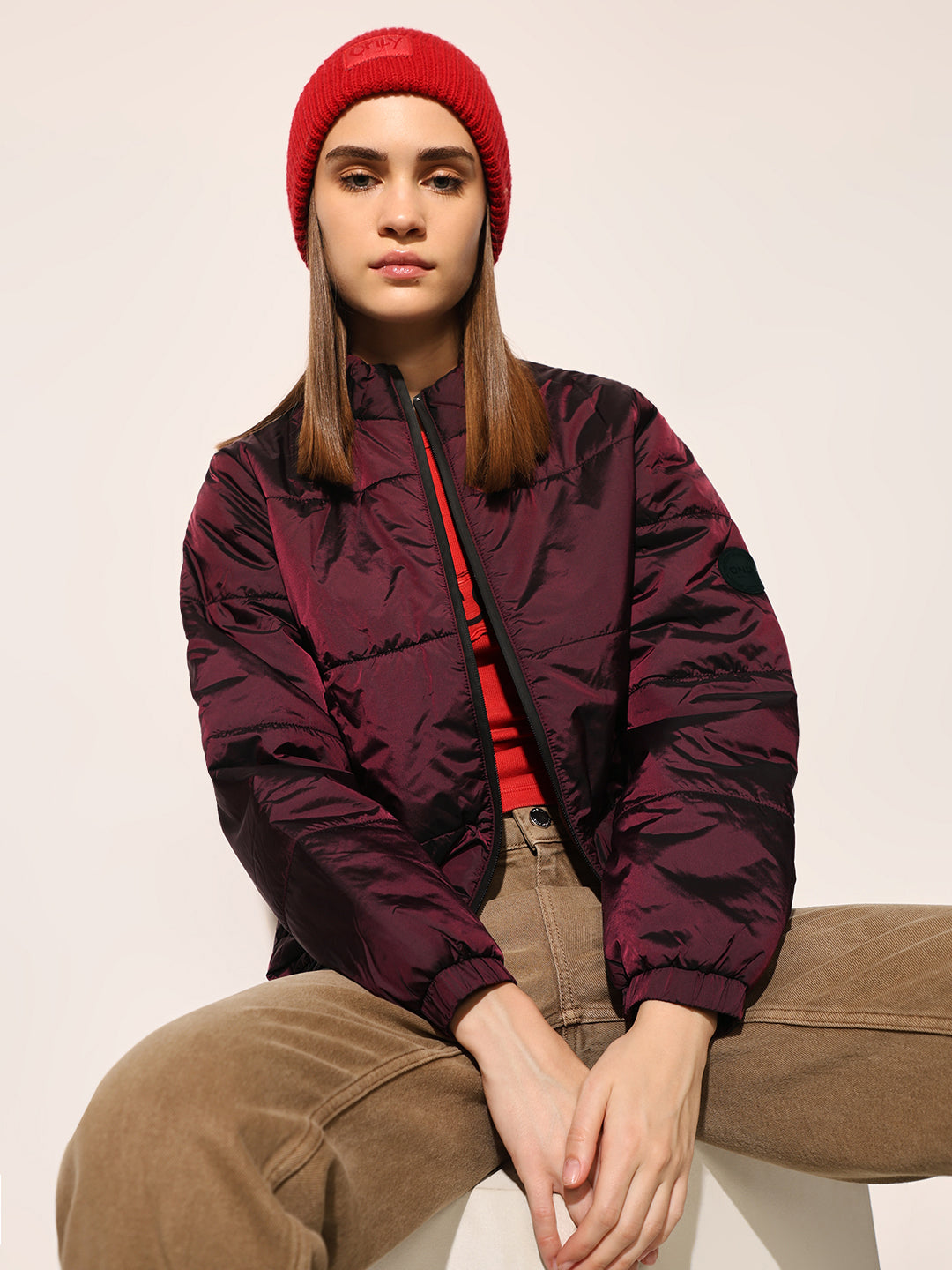 Maroon High Neck Puffer Jacket