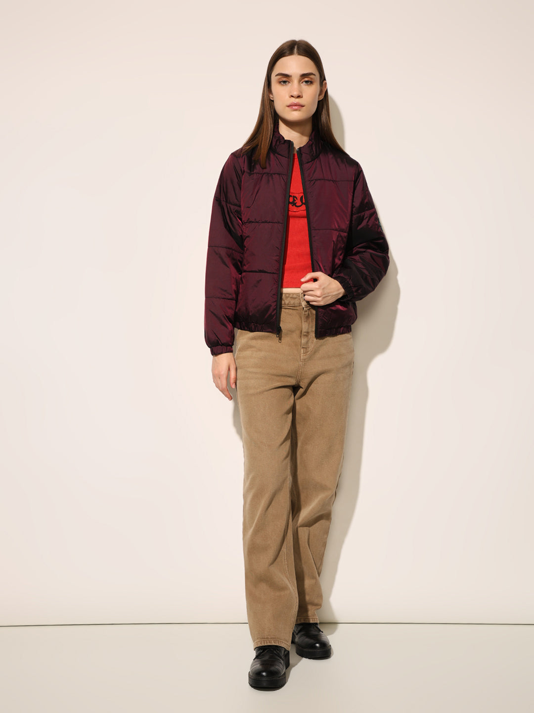 Maroon High Neck Puffer Jacket