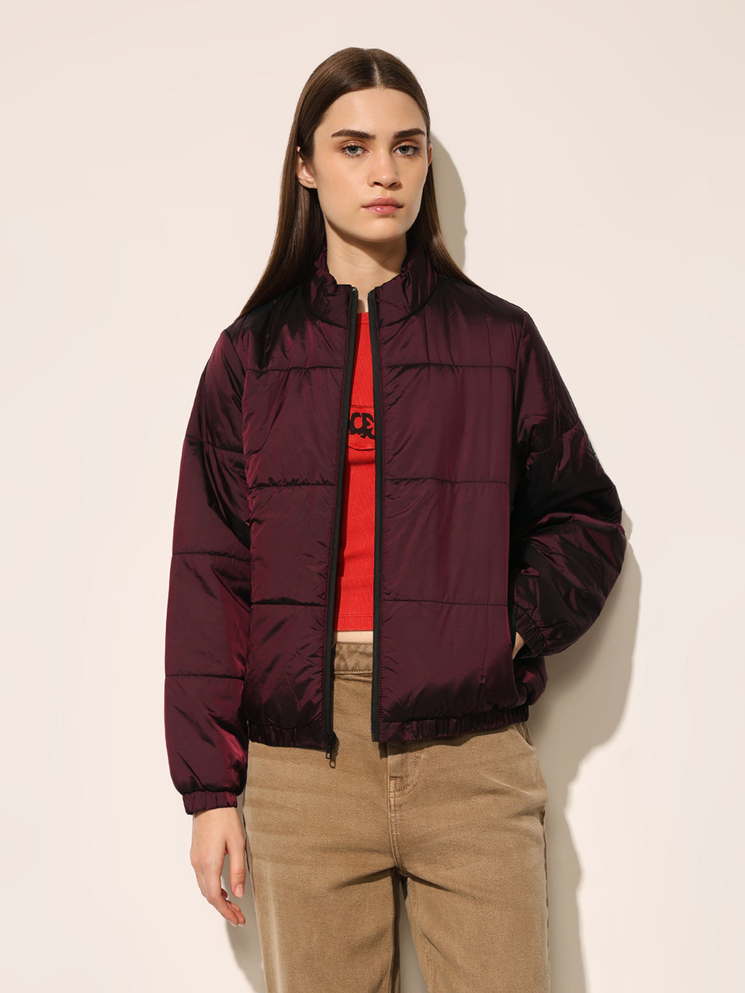 Maroon High Neck Puffer Jacket