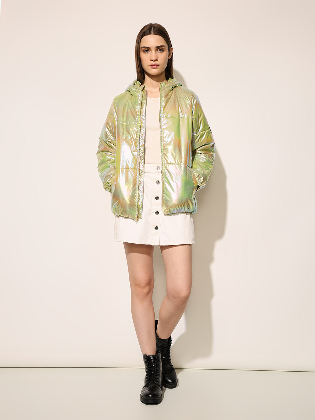 Green Holographic Hooded Puffer Jacket