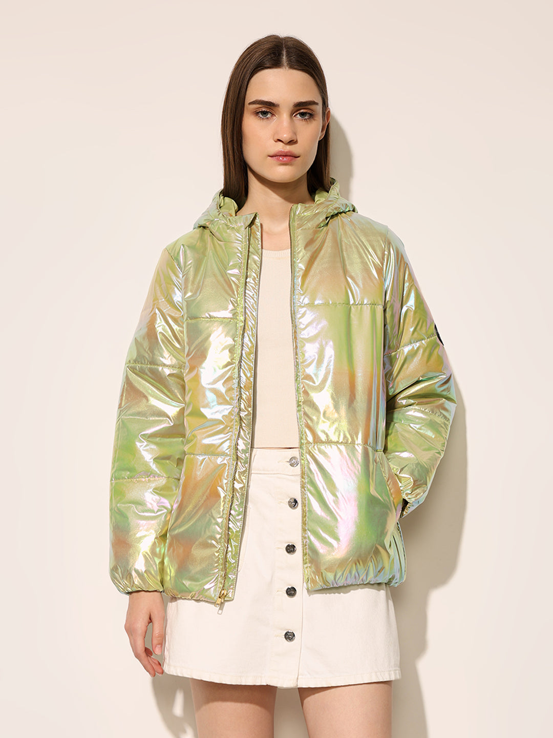 Green Holographic Hooded Puffer Jacket