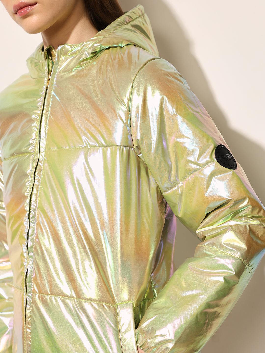 Green Holographic Hooded Puffer Jacket