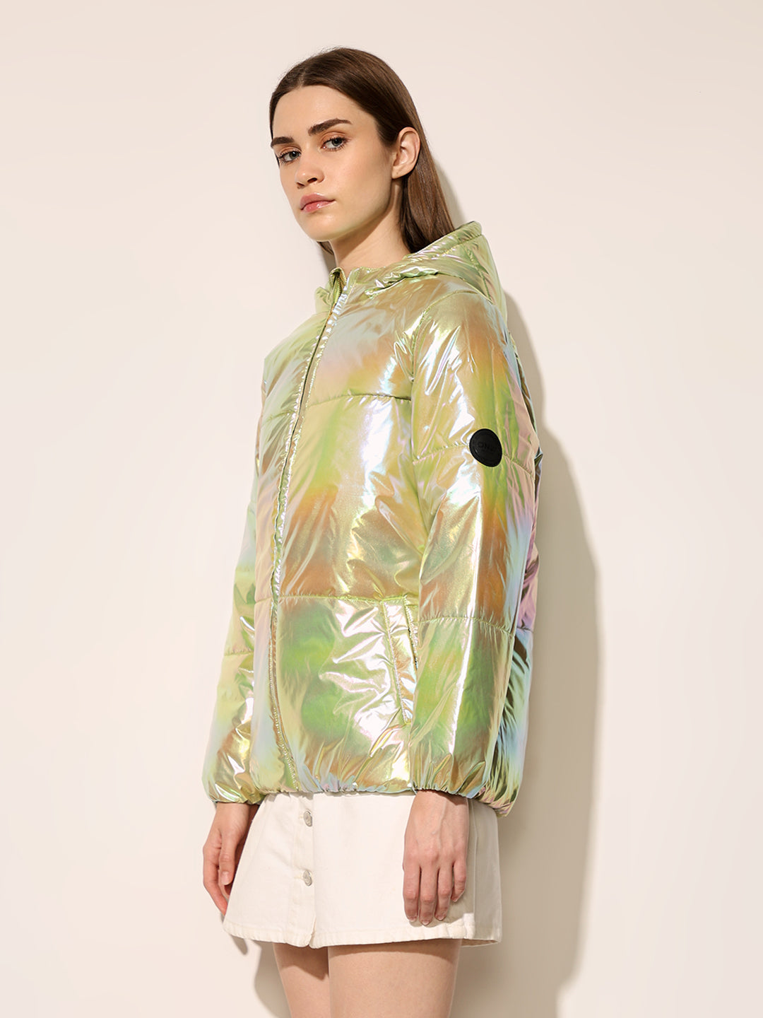 Green Holographic Hooded Puffer Jacket