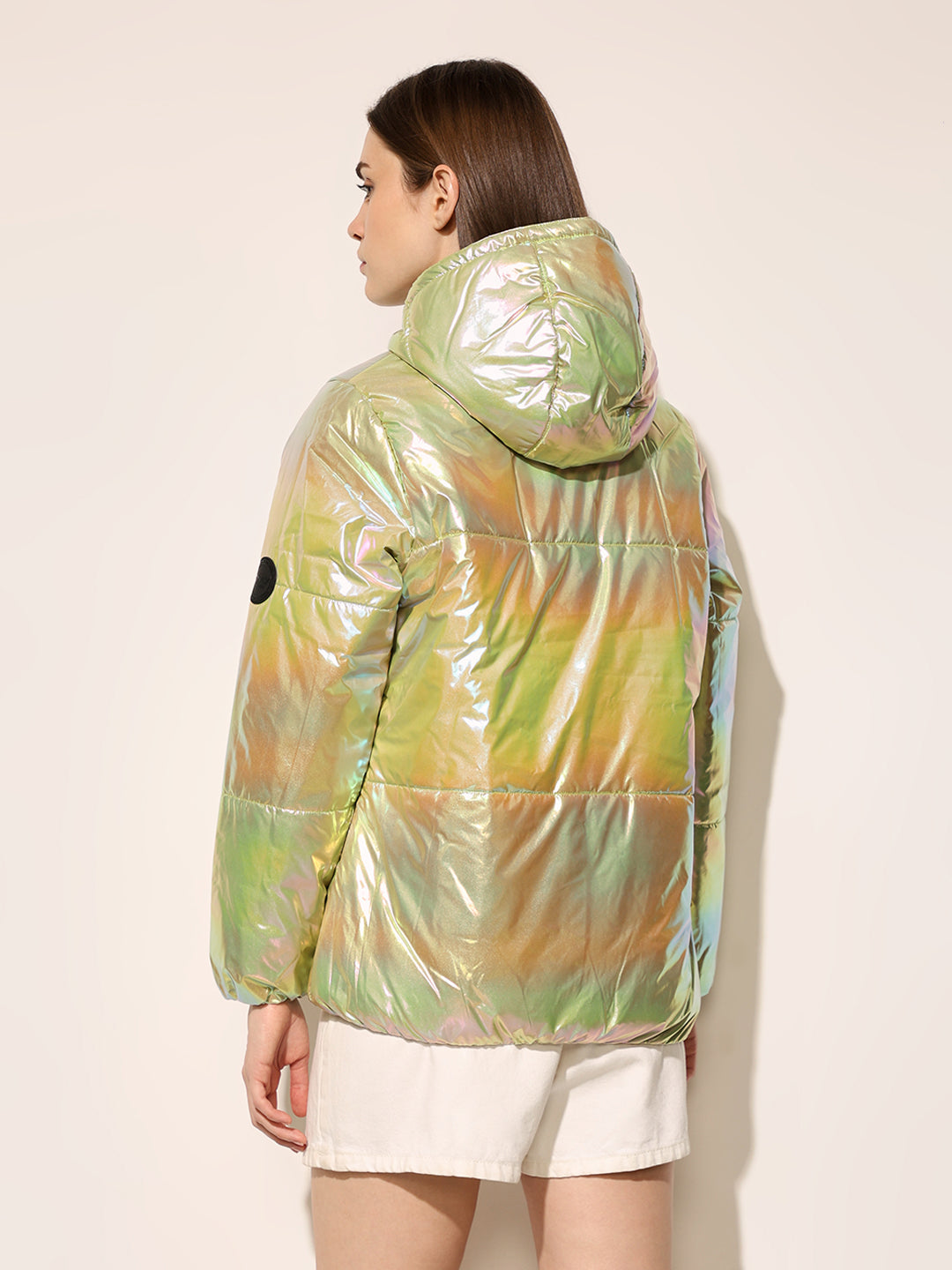 Green Holographic Hooded Puffer Jacket