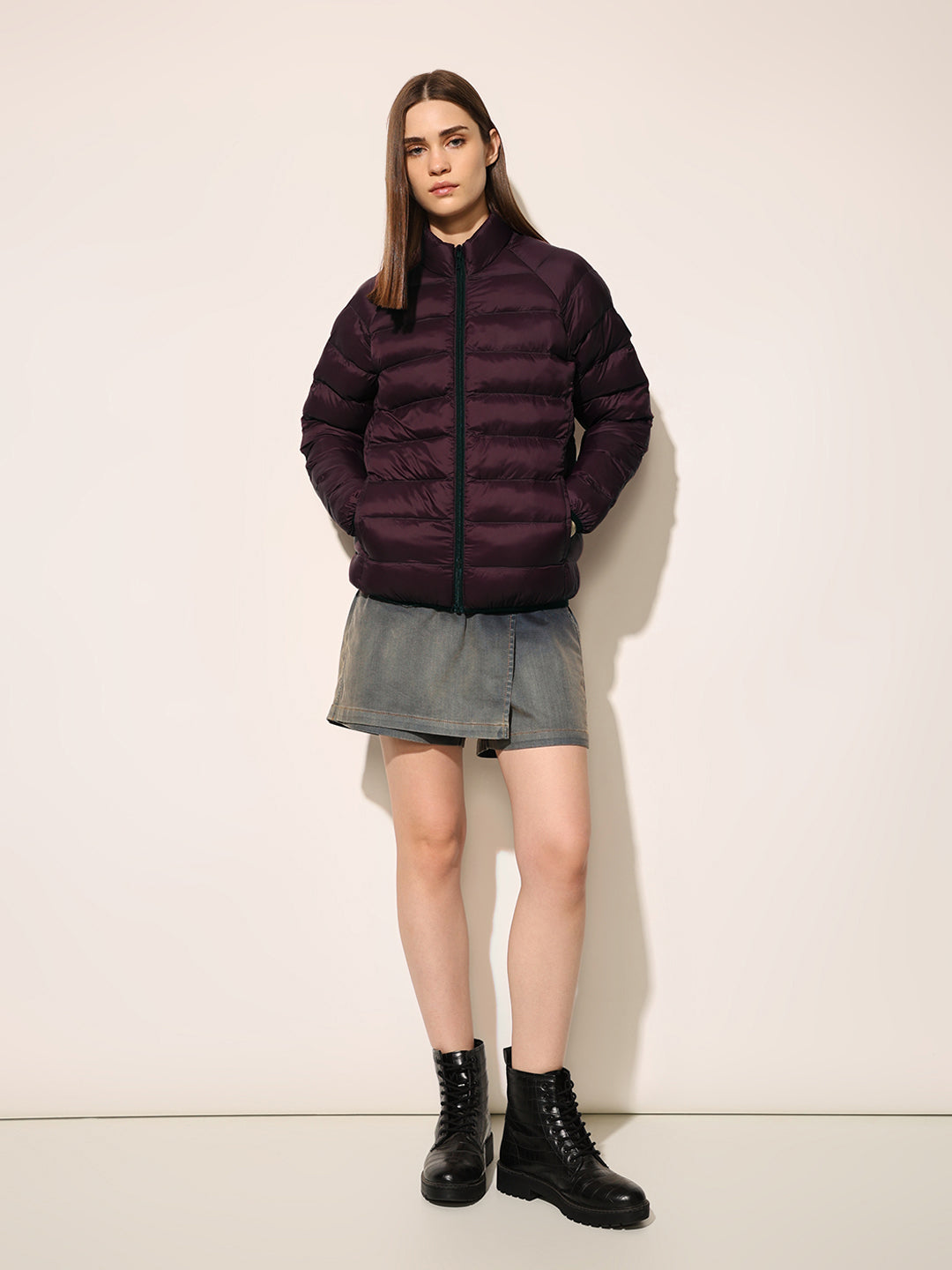 Maroon Quilted Nylon Puffer Jacket