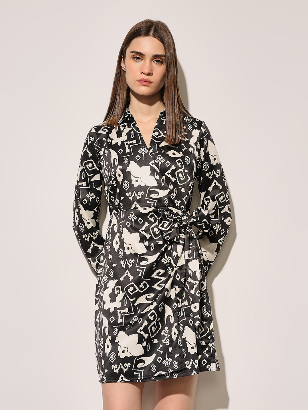 Black Printed Wrap Dress