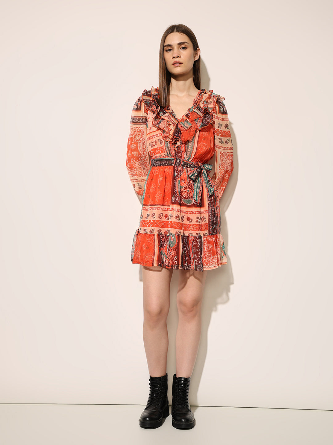 Orange Printed Frill Dress