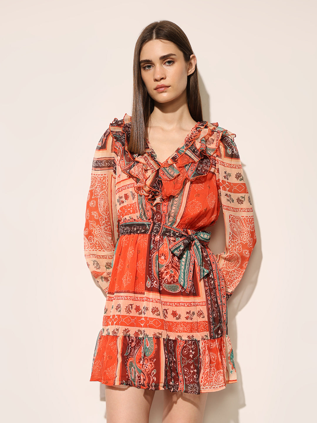 Orange Printed Frill Dress