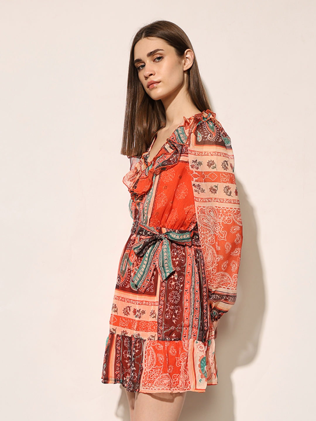 Orange Printed Frill Dress