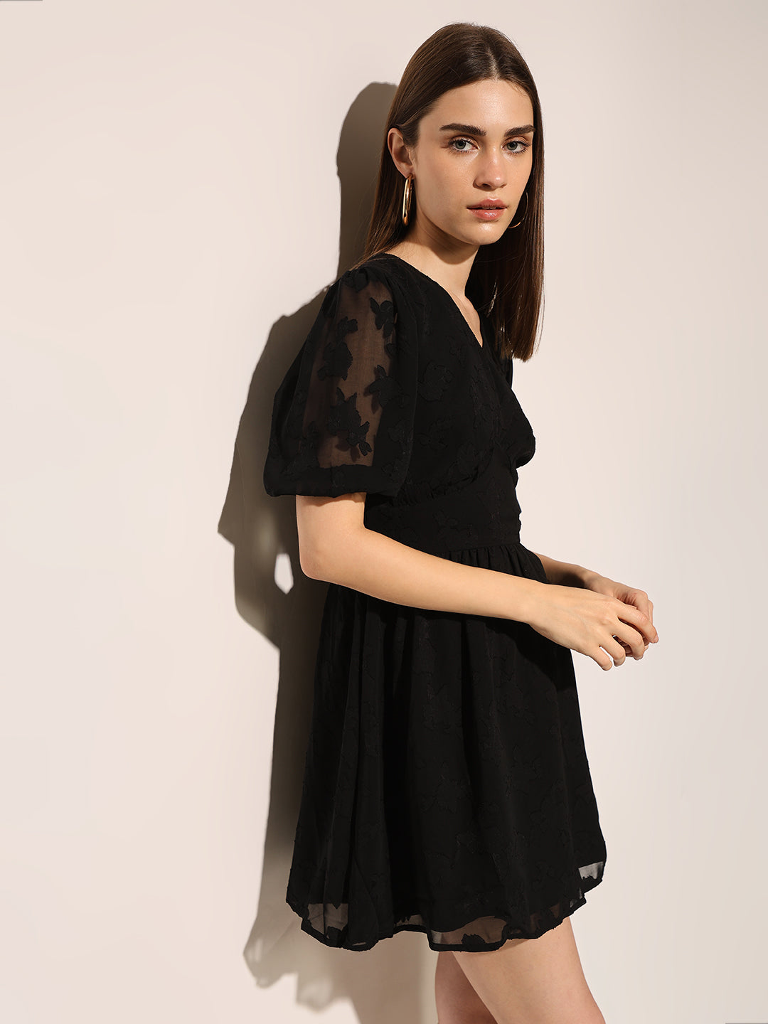 Black Jacquard V-Neck Dress