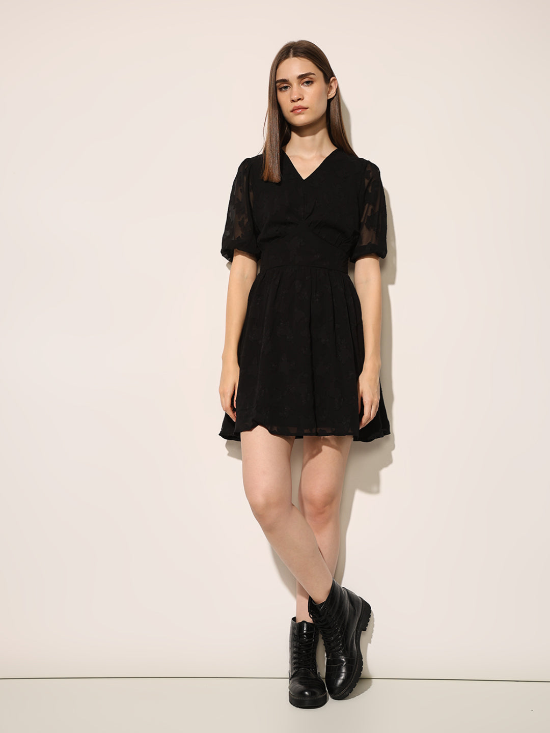 Black Jacquard V-Neck Dress