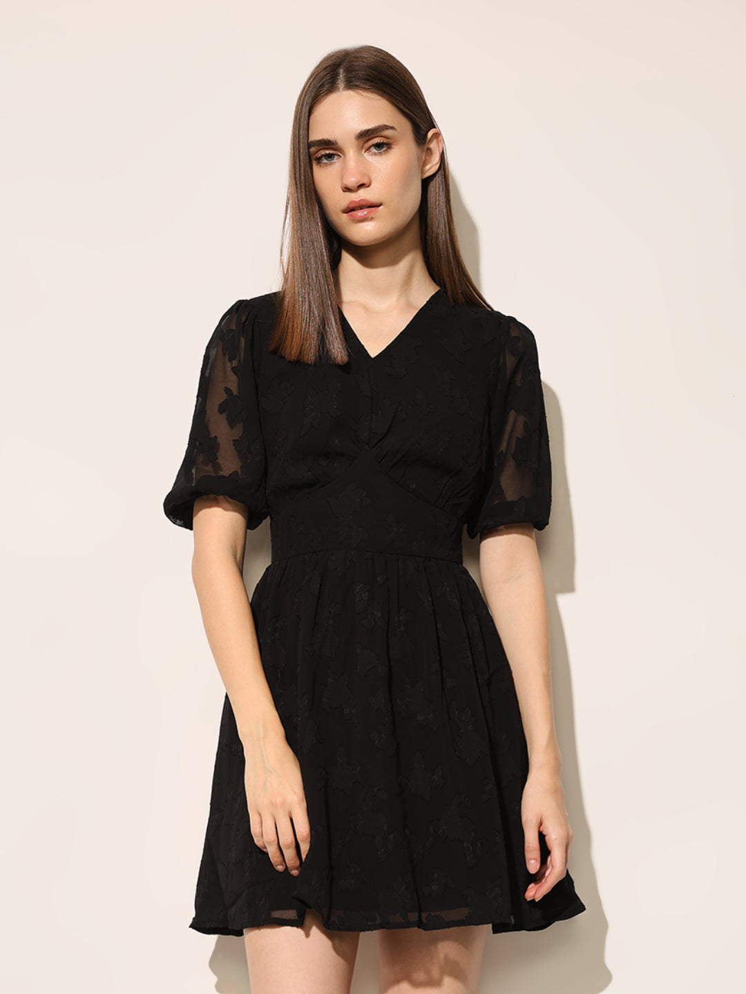 Black Jacquard V-Neck Dress