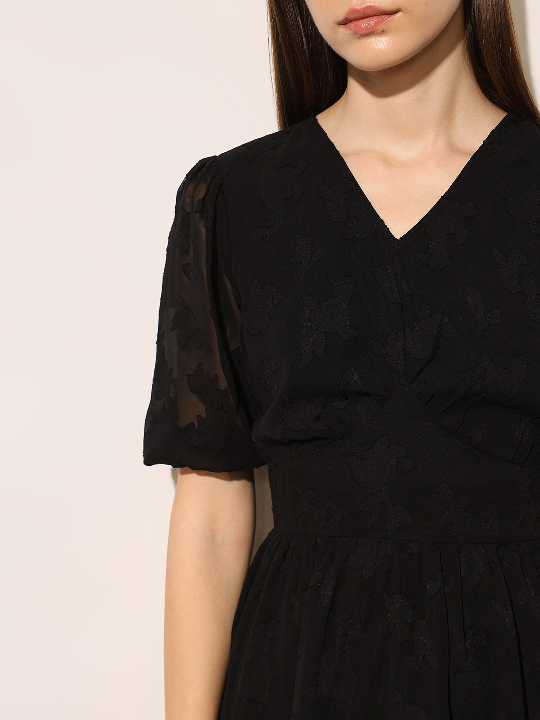 Black Jacquard V-Neck Dress