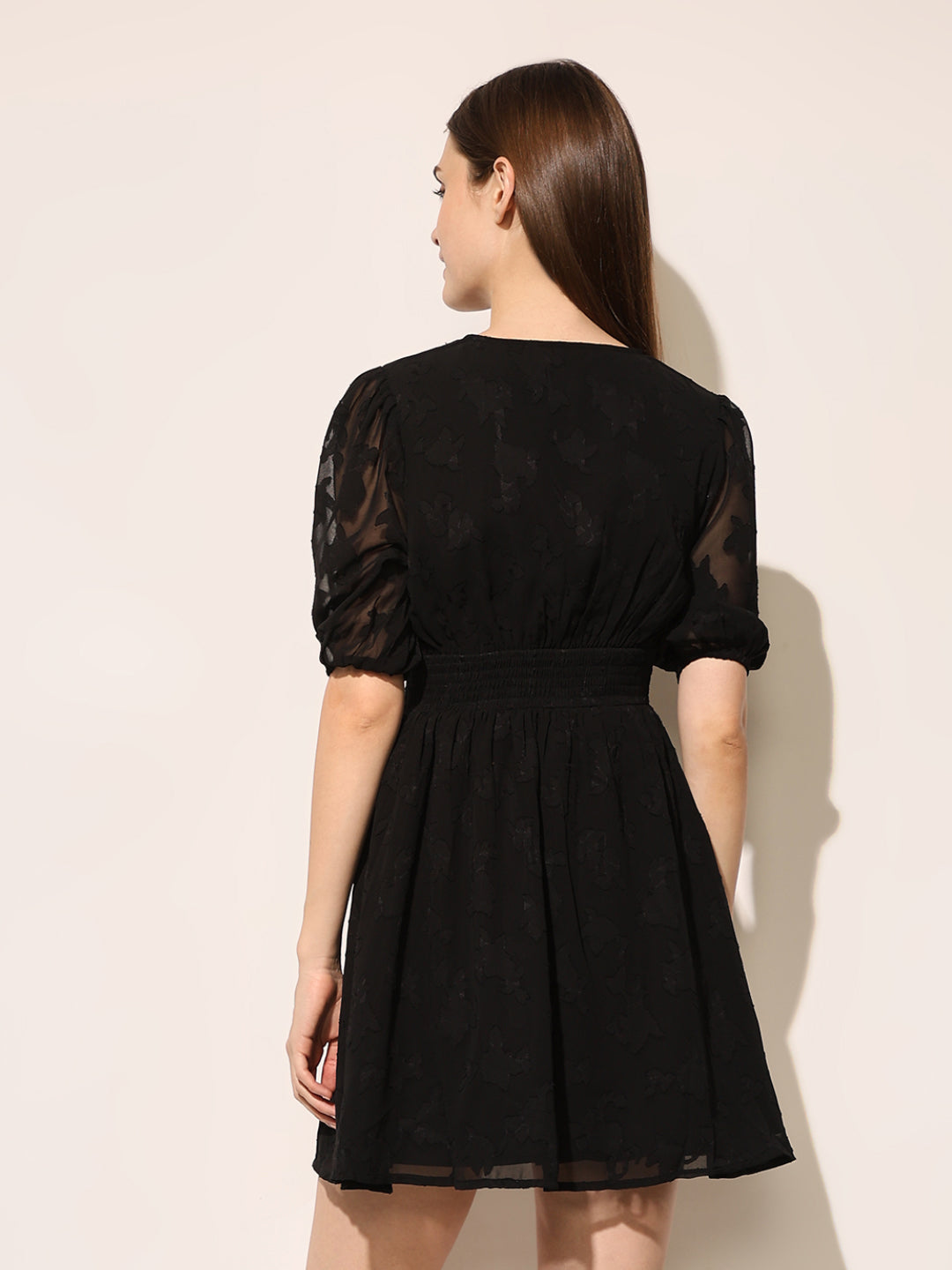 Black Jacquard V-Neck Dress