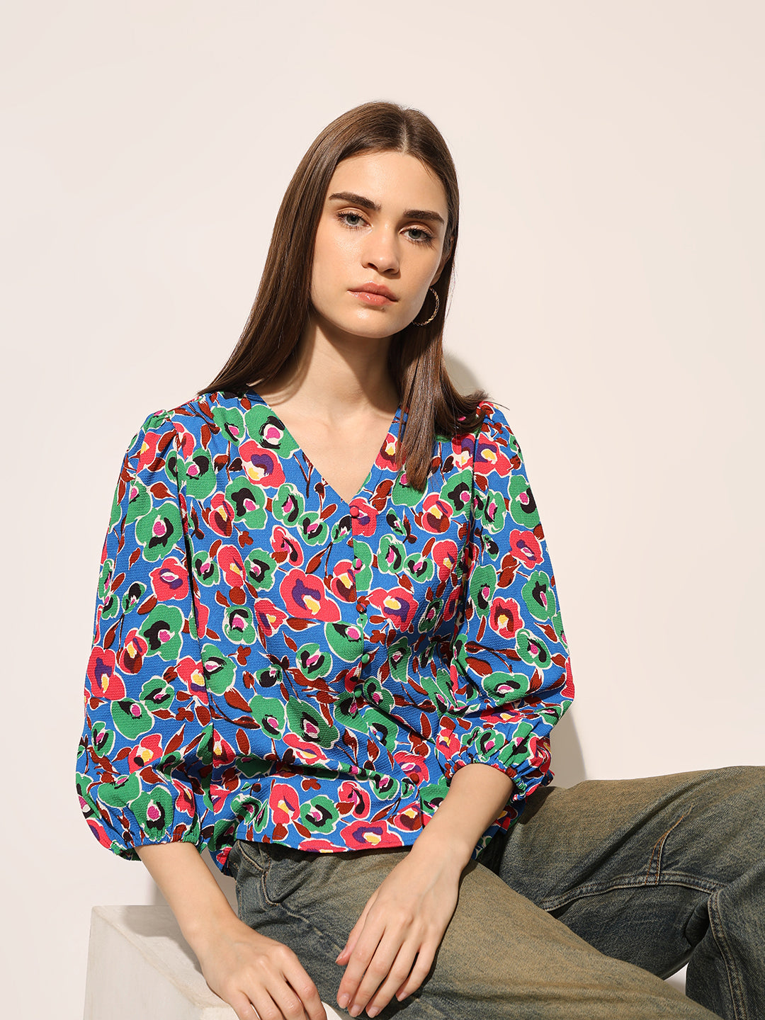 Blue Printed V Neck Top