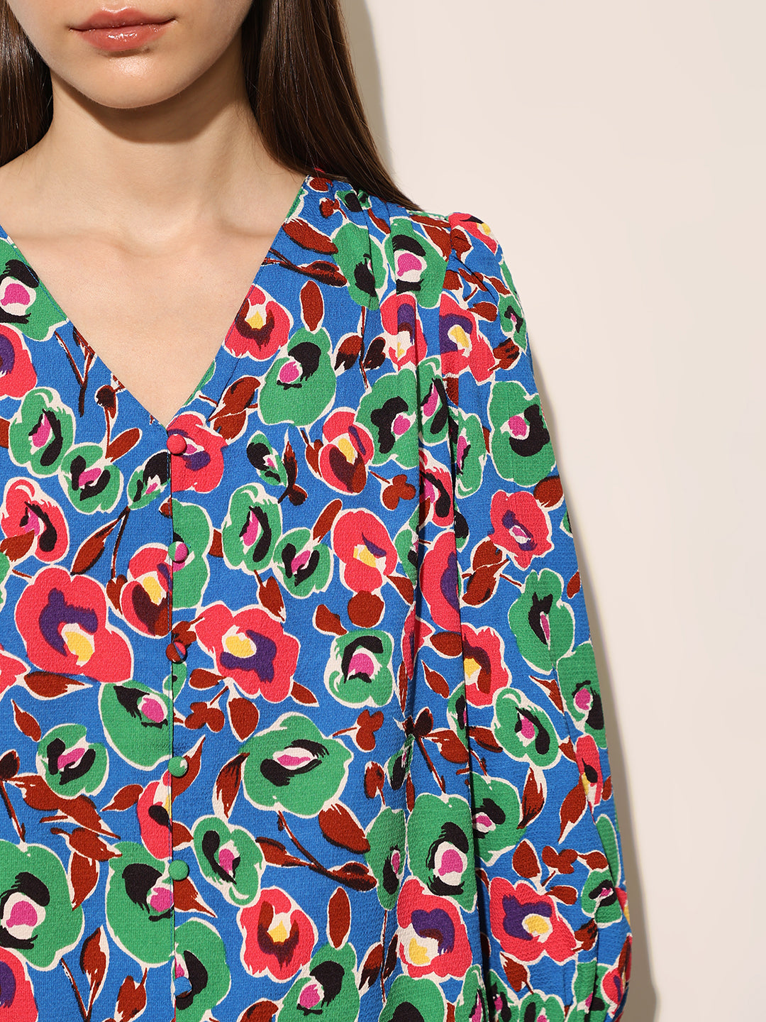 Blue Printed V Neck Top