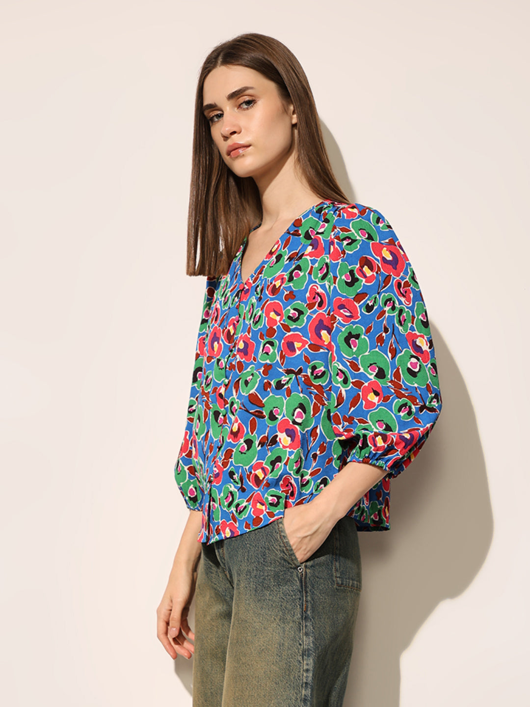 Blue Printed V Neck Top