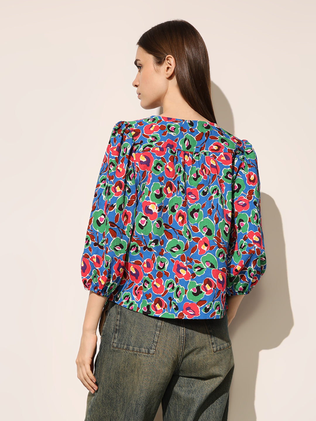 Blue Printed V Neck Top