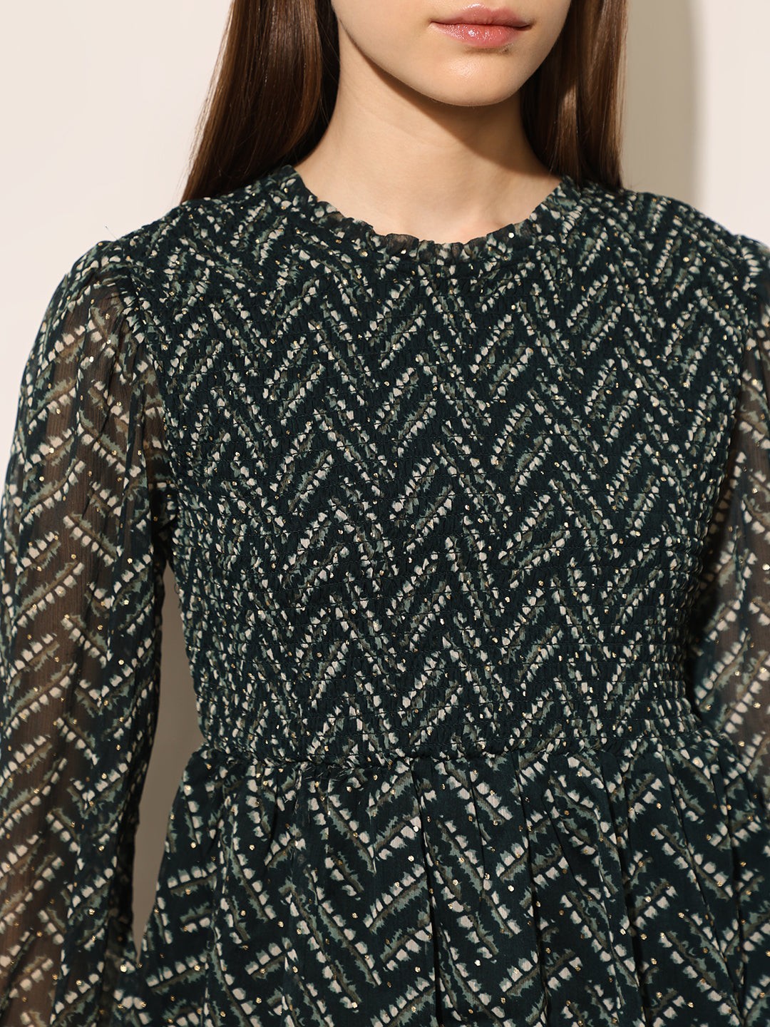 Black Printed Smocked Top