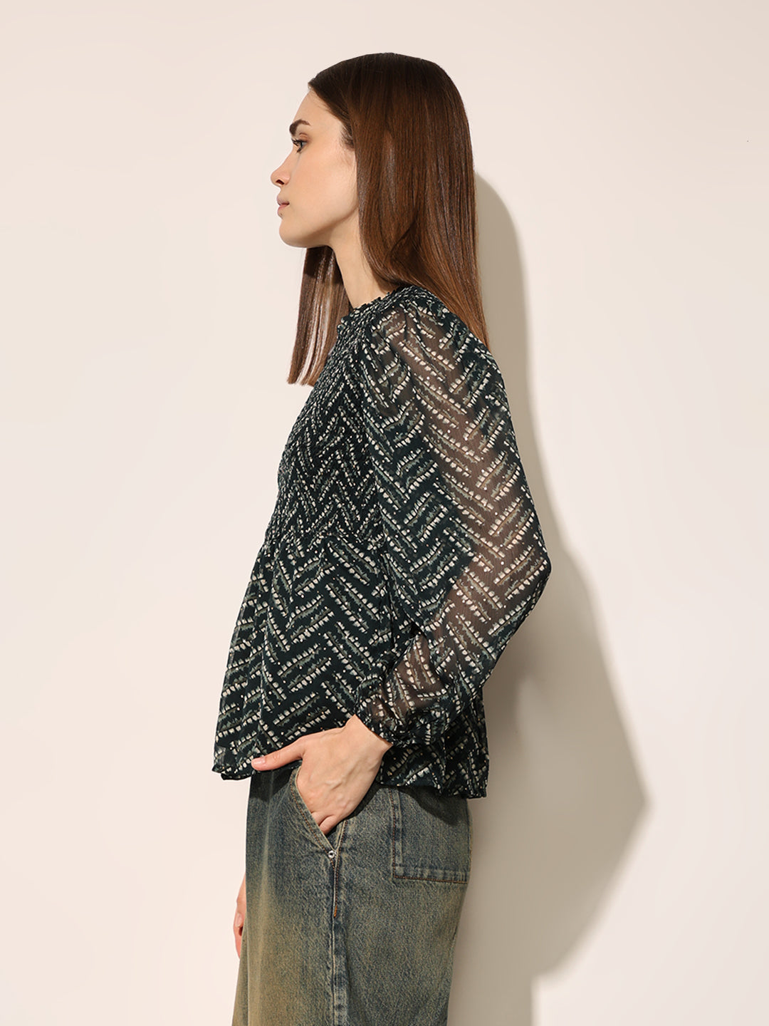 Black Printed Smocked Top