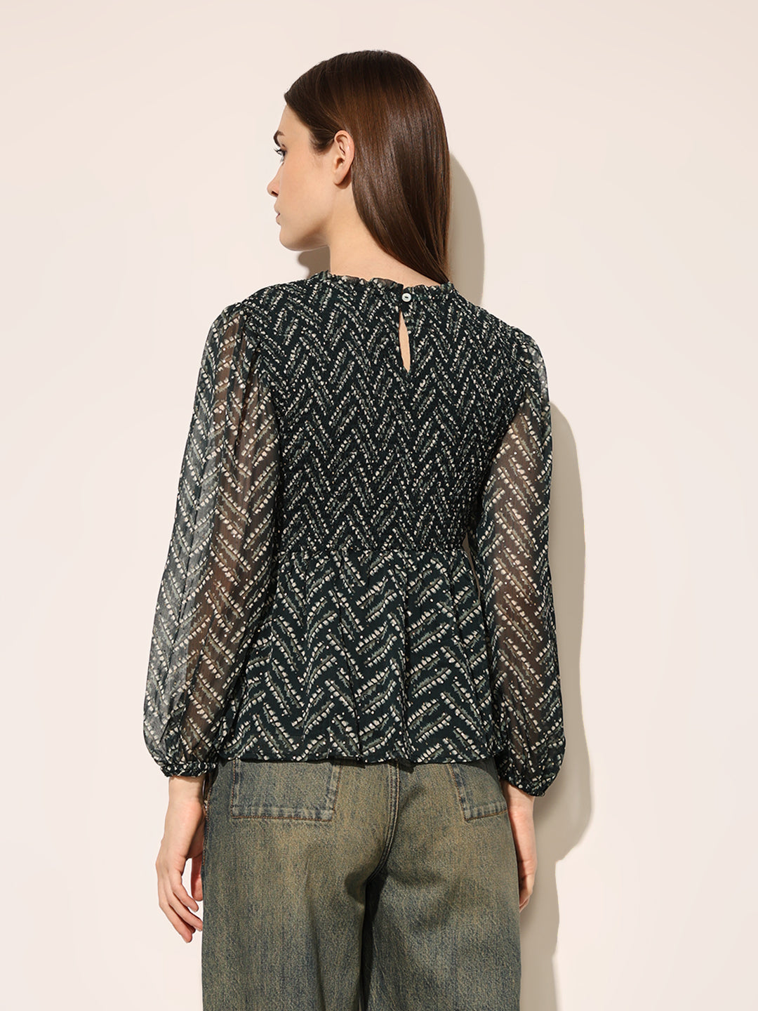 Black Printed Smocked Top