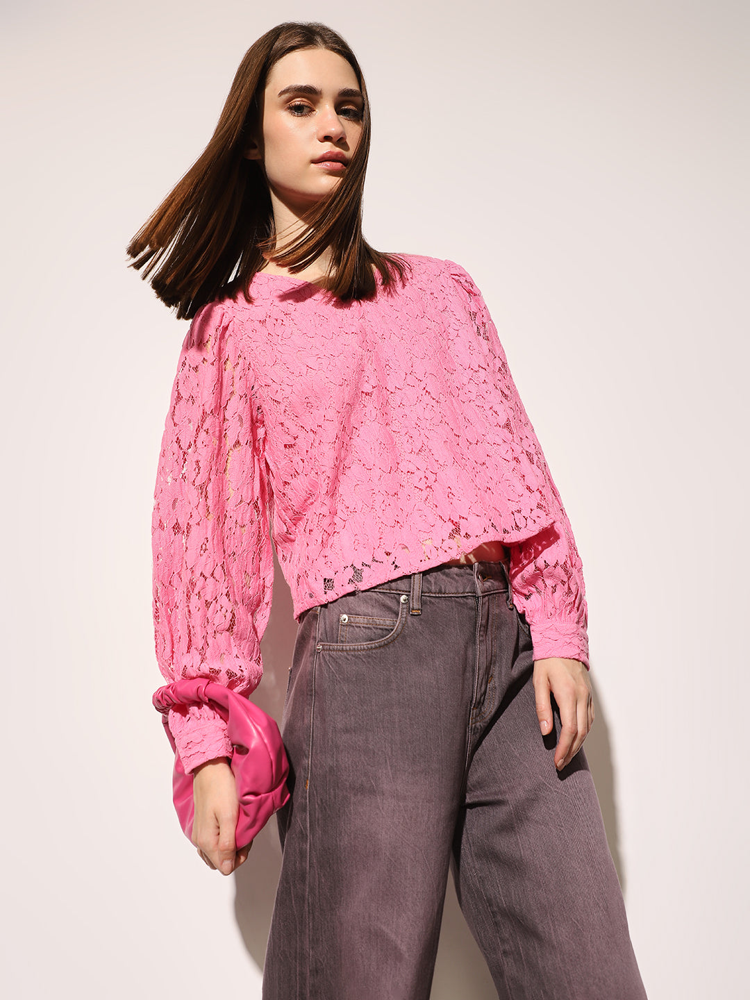 Pink Puff Sleeved Lace Top