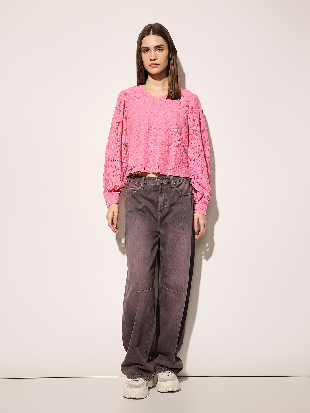 Pink Puff Sleeved Lace Top
