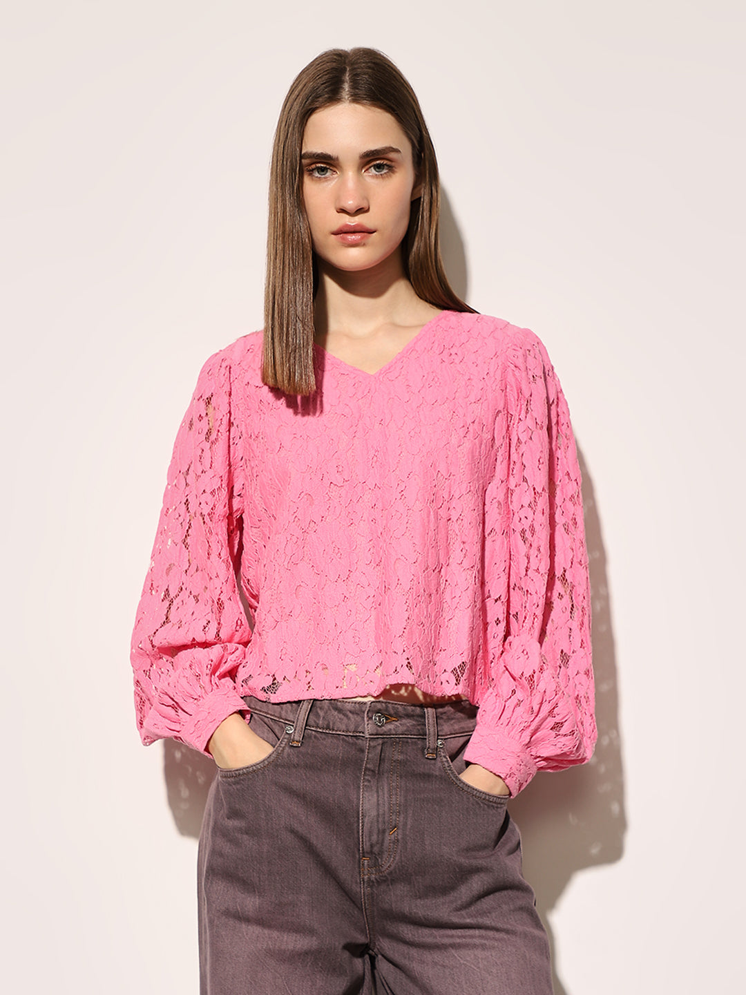 Pink Puff Sleeved Lace Top