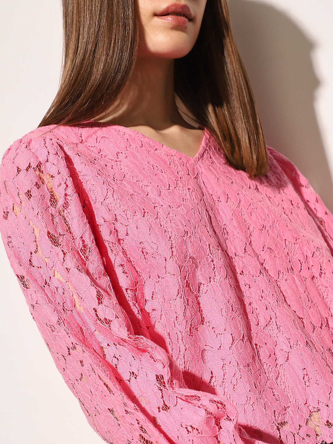 Pink Puff Sleeved Lace Top