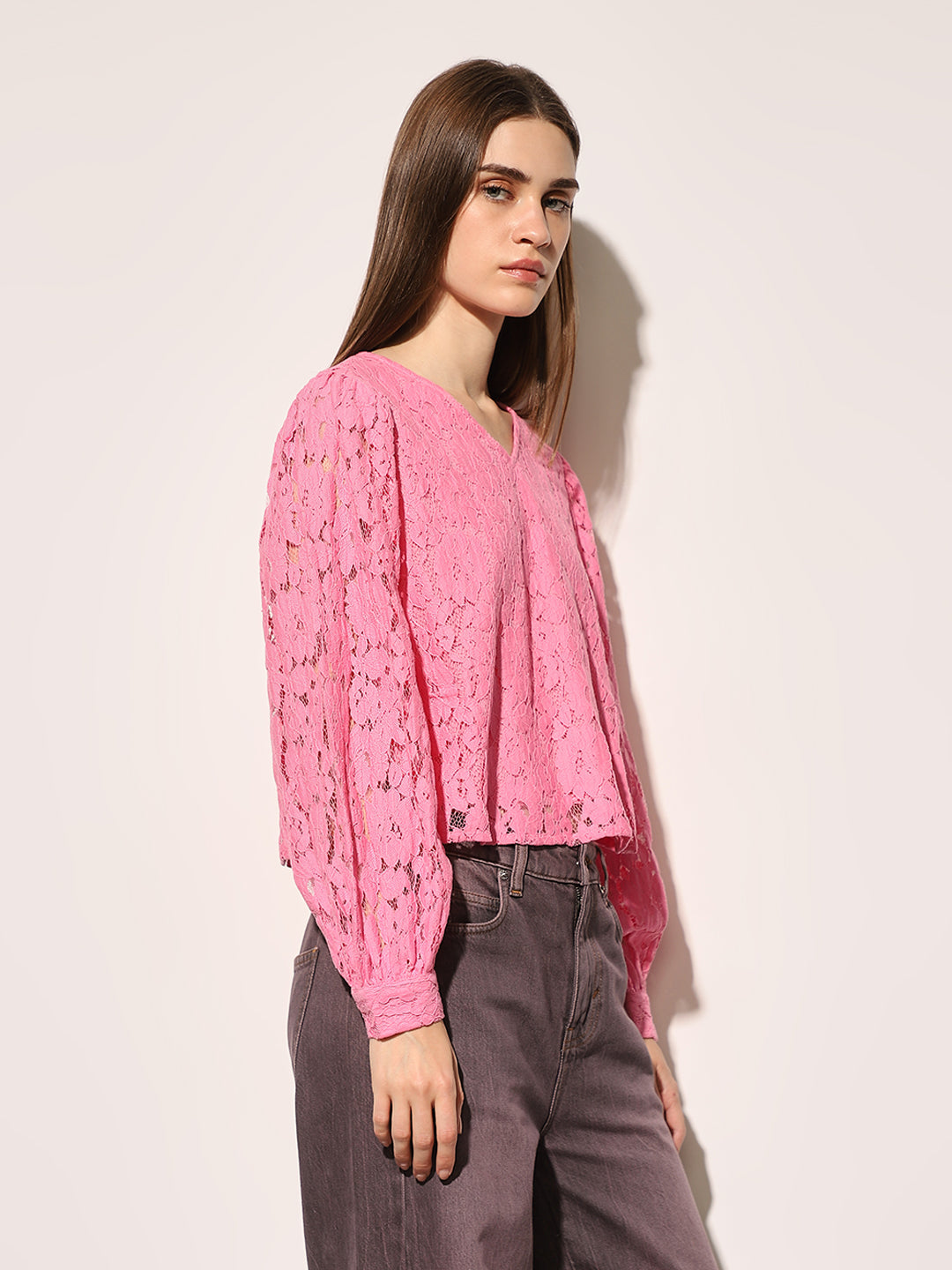 Pink Puff Sleeved Lace Top