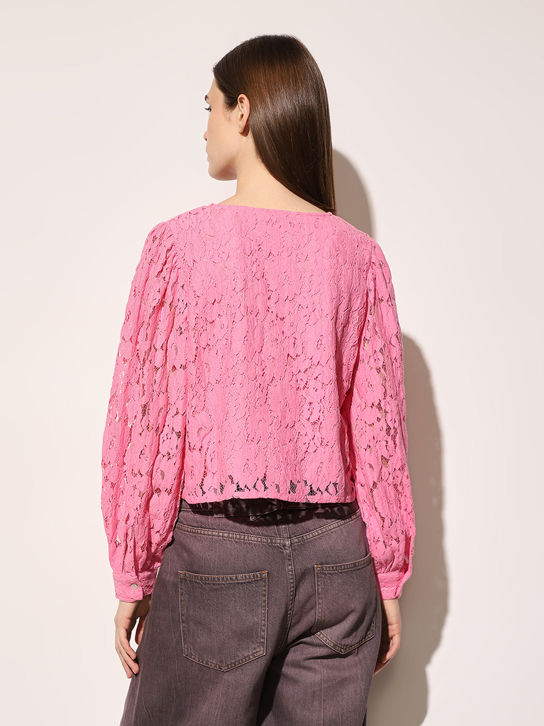 Pink Puff Sleeved Lace Top