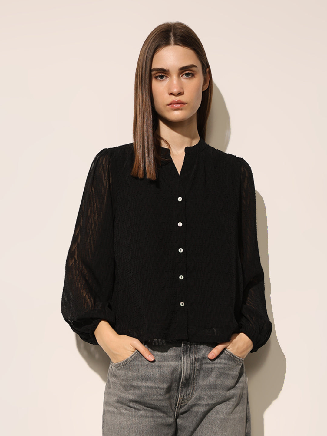 Black Textured V Neck Top