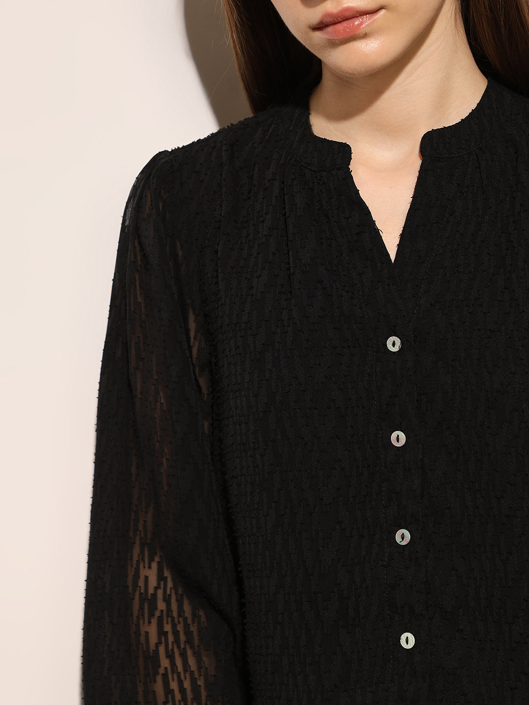 Black Textured V Neck Top
