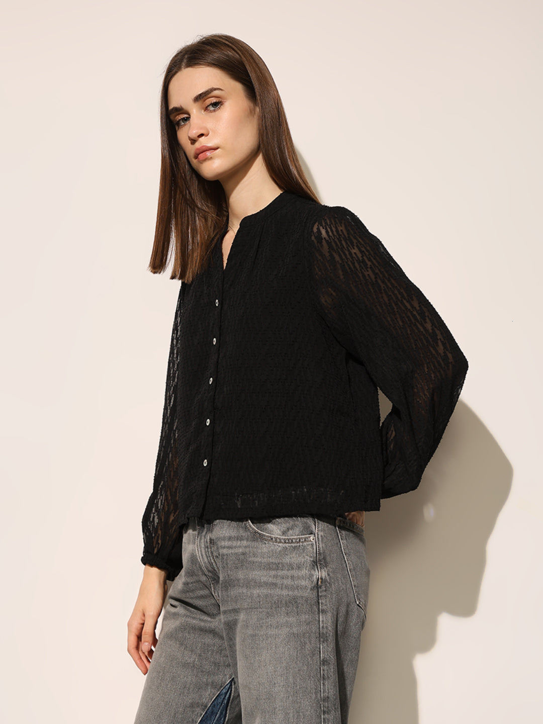 Black Textured V Neck Top